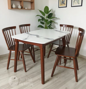 Bàn ghế ăn hiện đại 4 ghế cao cấp màu óc chó gỗ cao su tự nhiên