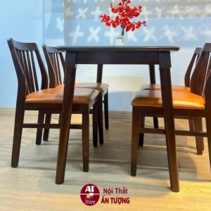 Bộ bàn ghế ăn 4 người gỗ cao su nệm simili màu óc chó