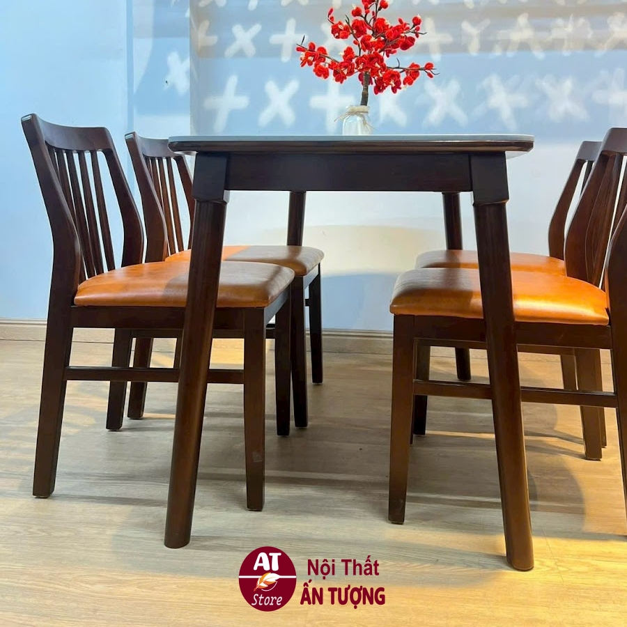 Bộ bàn ghế ăn 4 người gỗ cao su nệm simili màu óc chó