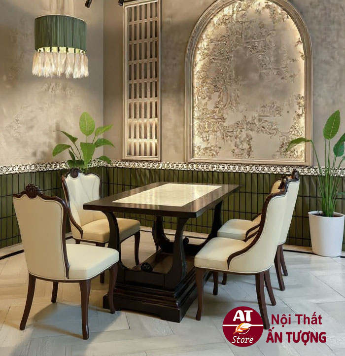 Mặt bàn bộ bàn ghế ăn 6 ghế tân cổ điển