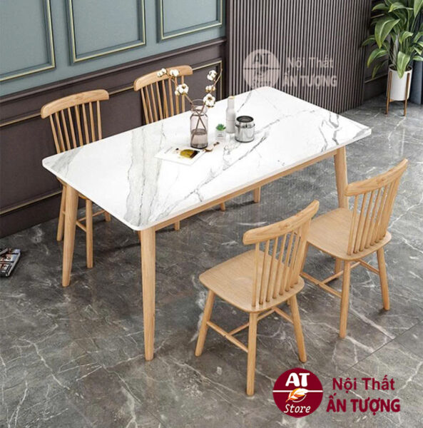 Bàn ghế ăn 4 người gỗ nguyên khối nhỏ gọn sang trọng hiện đại - mặt gỗ vân đá