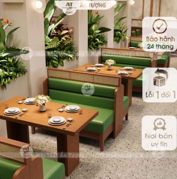 Bàn ghế băng nhà hàng lẩu nướng đồ ăn nhanh chất liệu nệm gỗ AT2137 đẹp