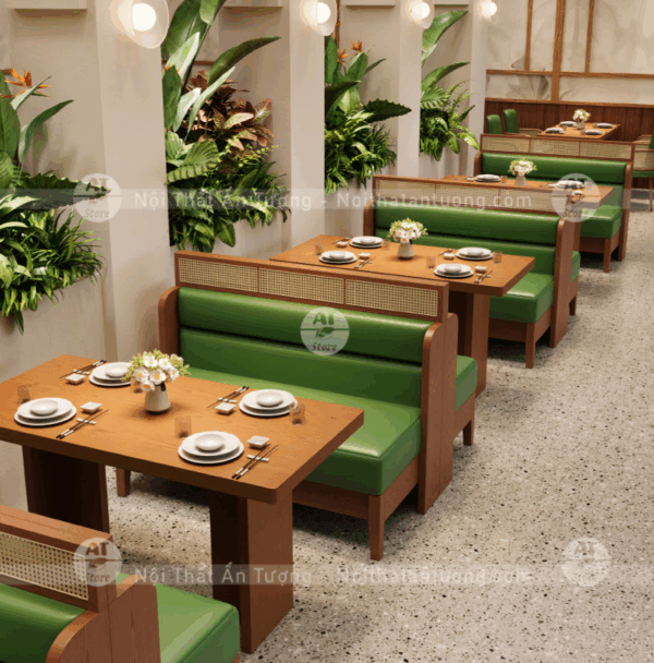 Bàn ghế băng nhà hàng lẩu nướng đồ ăn nhanh chất liệu nệm gỗ AT2137
