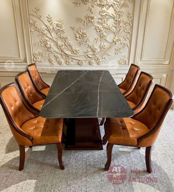 Bàn ăn mặt đá đen 6 người ghế nệm