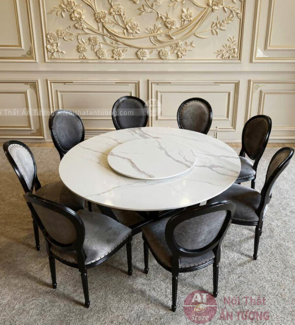 Bàn ăn tròn mặt đá có mâm xoay 8 người