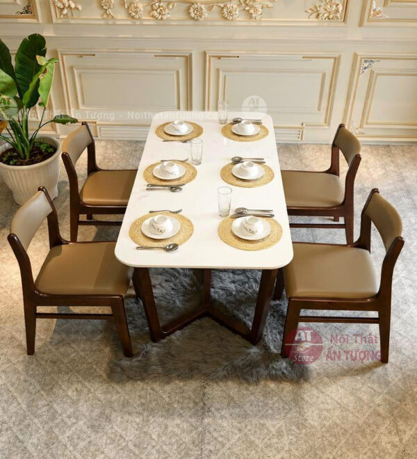 Bộ bàn ăn 4 hoặc 6 ghế mặt đá cho nhà trần thấp