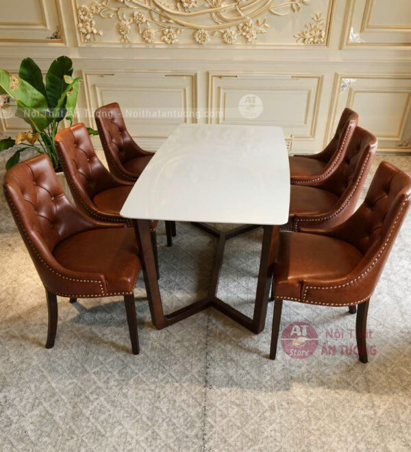 Bộ bàn ăn 6 ghế đẹp sang trọng bọc da màu ấm cúng