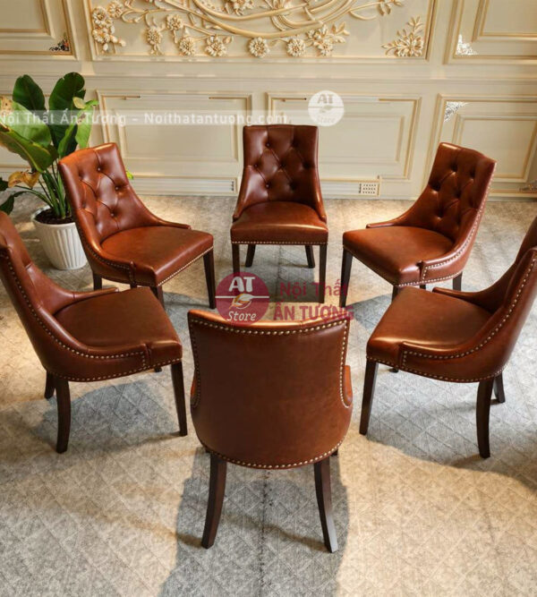 Bộ bàn ăn 6 ghế đẹp sang trọng bọc da màu ấm cúng AT7196