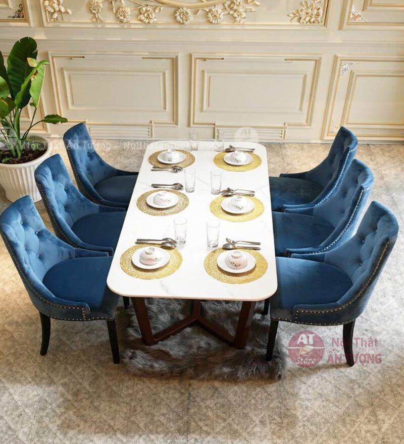 Bộ bàn ăn mặt đá 6 ghế bọc vải nhung