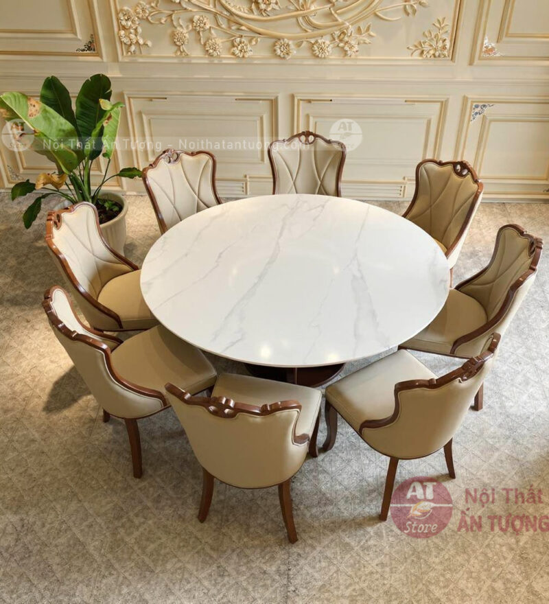 Bộ bàn ăn tròn 8 ghế mặt đá sang trọng