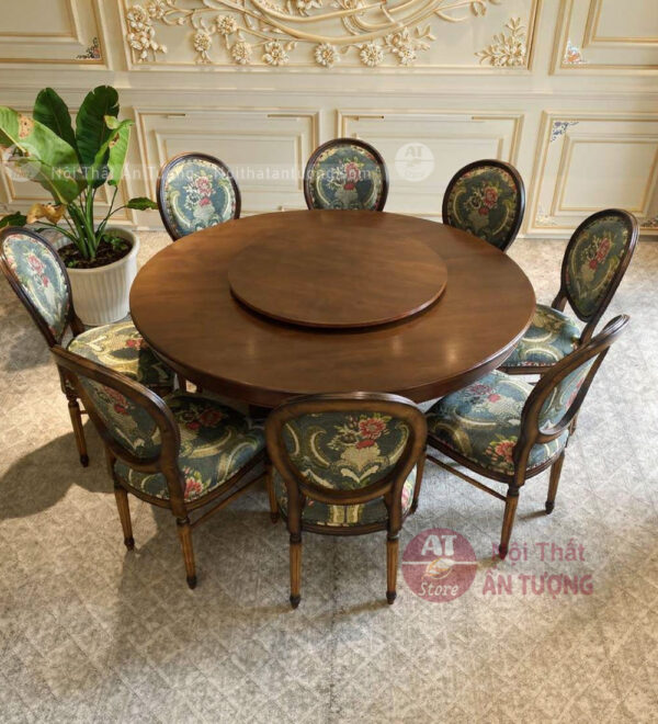 Bộ bàn ăn tròn 8 ghế phong cách gỗ cổ điển