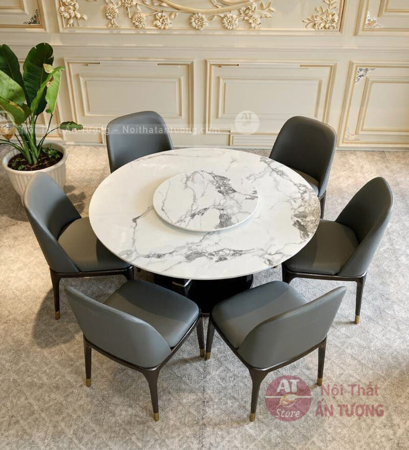 Bộ bàn ăn tròn mặt đá 6 ghế mâm xoay