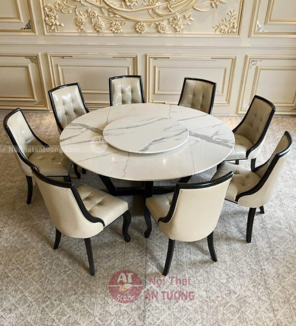 Bộ bàn ghế ăn tròn mặt đá có mâm xoay 8 người