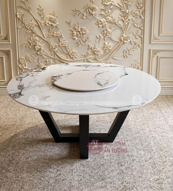 bàn tròn mâm xoay đá trắng